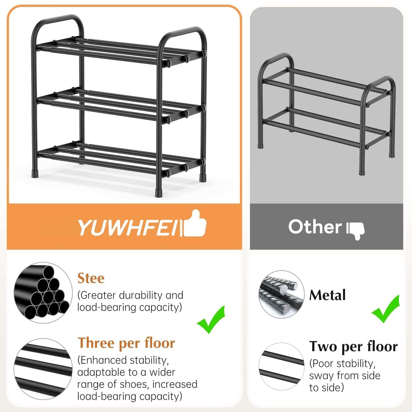 YUWHFEI Extendable 3-Tier Metal Shoe Rack, Adjustable Black Shoe Storage Organiser, Free Standing Shelf for Wardrobe, Closet, Bedroom, Hallway