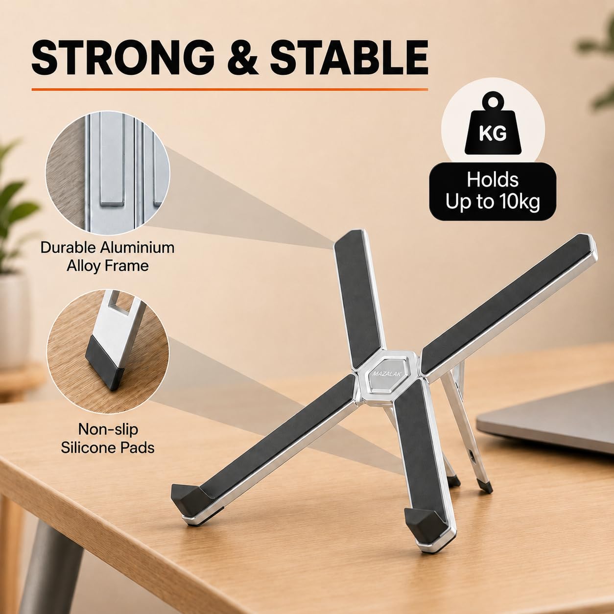 MAZALAK Laptop Stand for Desk, Foldable Aluminium Laptop Riser, Portable Height Adjustable Computer Stand, Ergonomic Holder Compatible with MacBook