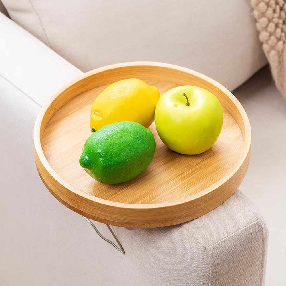 Hosoncovy Bamboo Wooden Sofa Arm Tray with Clip, Chair Coach Armrest Table Organizer (Round - Yellow)