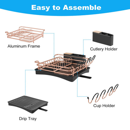 BRIAN & DANY Aluminum Dish Drying Rack, Dish Drainer with Removable Cutlery Holder & Cup Holder, Unique 360 Swivel Spout Drain Board