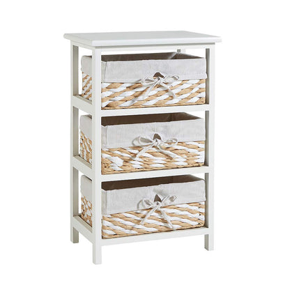 Home Source Storage Chest, Wooden Bedroom Hallway Cabinet, 3 Wicker Basket Drawers, White