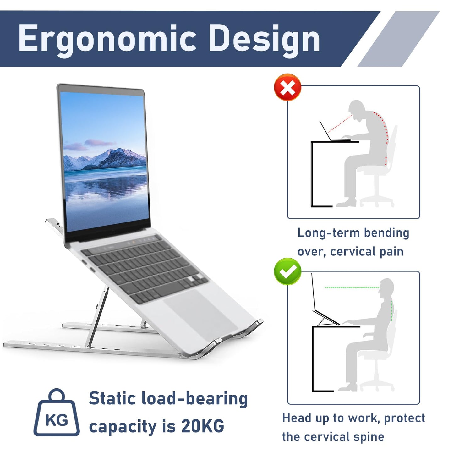 Laptop Stand for Desk, Adjustable Laptop Riser, Foldable Portable Aluminum Riser for Laptop & Tablet, Ergonomic Computer Holder for Home Office