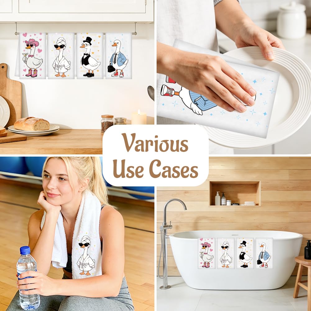 WADORN 4Pcs Funny Goose Kitchen Hand Towels, Cute Goose Kitchen Dish Tea Towels 24 x 16 Inch Soft Microfiber Absorbent Home Bathroom Decorative Gifts
