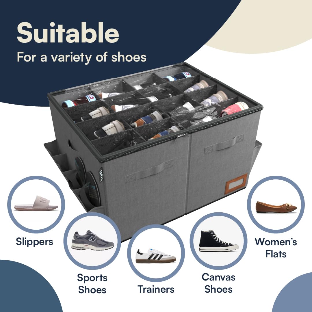 Tydi Large Shoe Storage Box, Clear Zip Cover, 16 Compartments, Grey