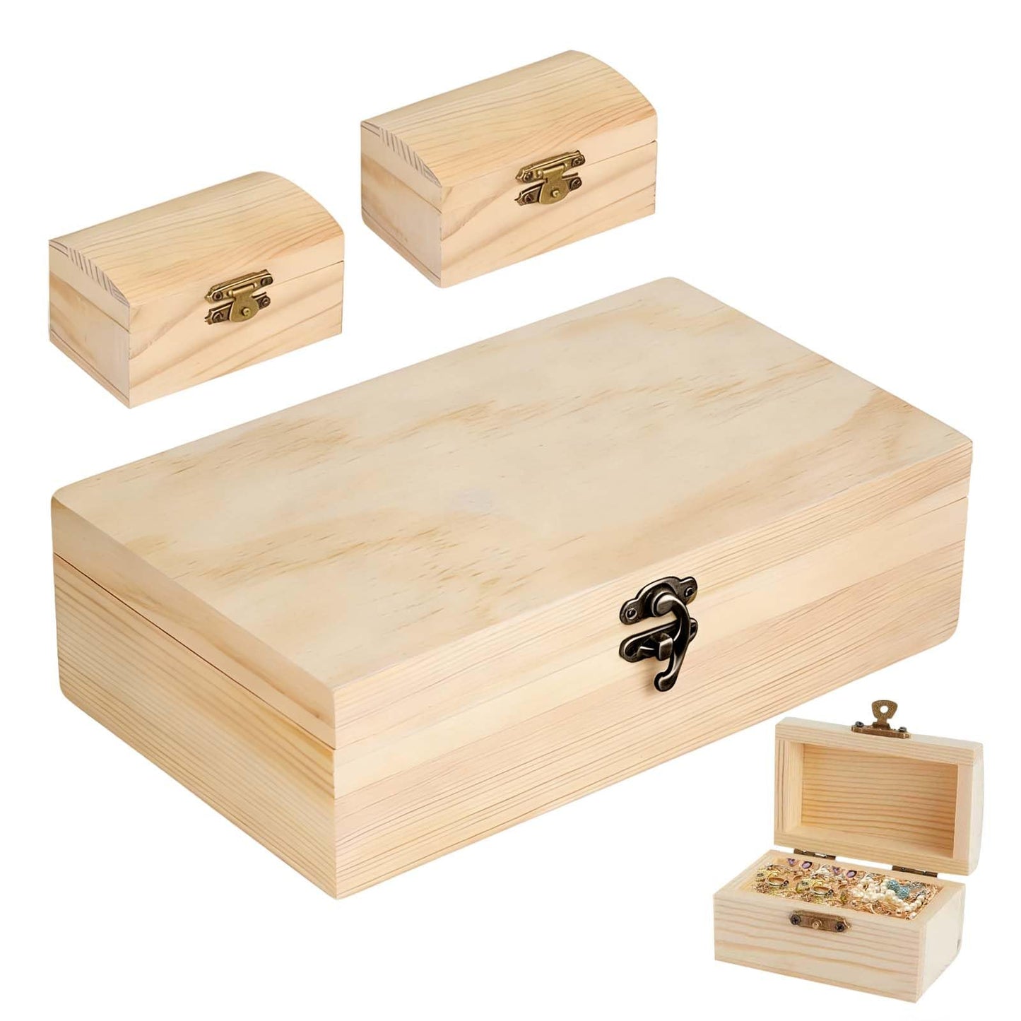 Vrexziy 3Pcs Unfinished Wooden Boxes, Wooden Box with Hinged Lid, DIY Craft Storage Organizer Box Pine Wood Small Wood Crate Boxes for DIY Craft Home