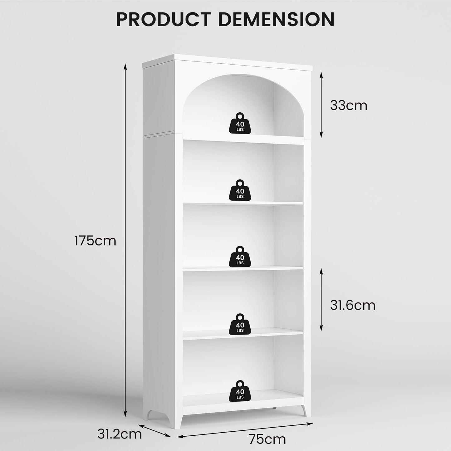 FREDEES Arched Bookcase with LED Lights, 175CM Tall, White