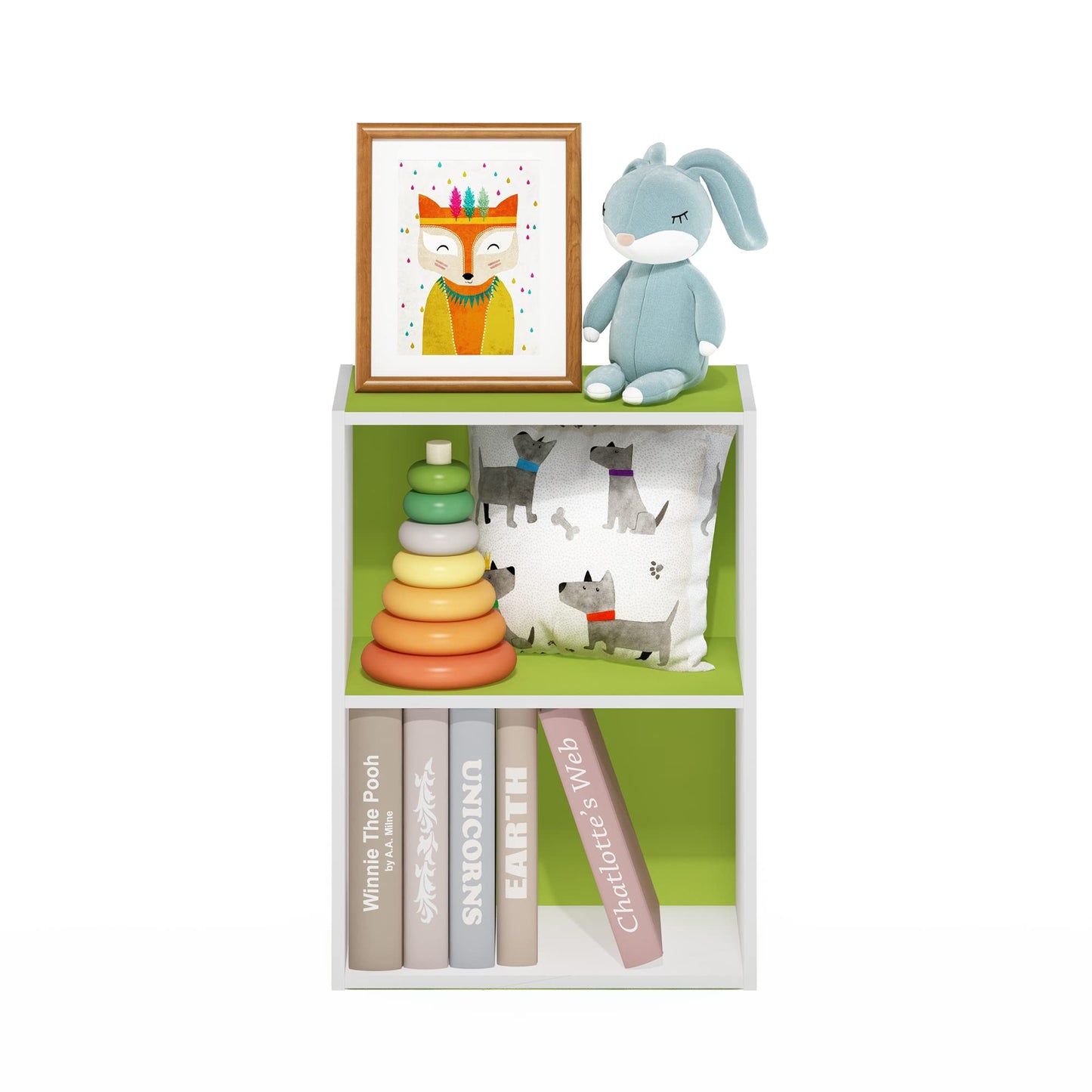 Furinno LUDER Book Shelf, 2-Tier Modern Bookshelf, Open Shelves Bookcase 9 x 16 x 21, for Living Room, Bedroom, Home Office, Green/White