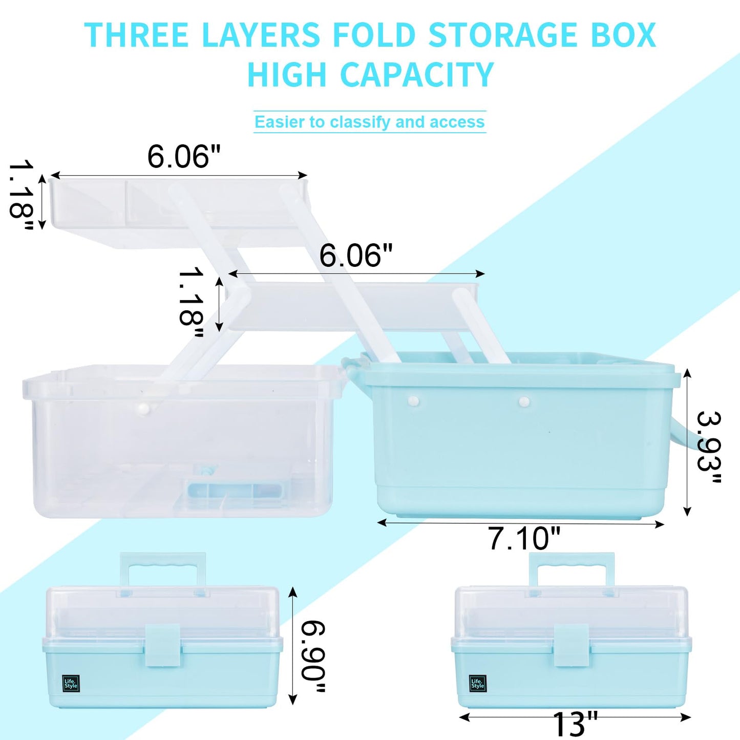 Creahaus 13" Multipurpose Storage Box with Compartments, Craft & Sewing Box with 2 Trays (Blue)