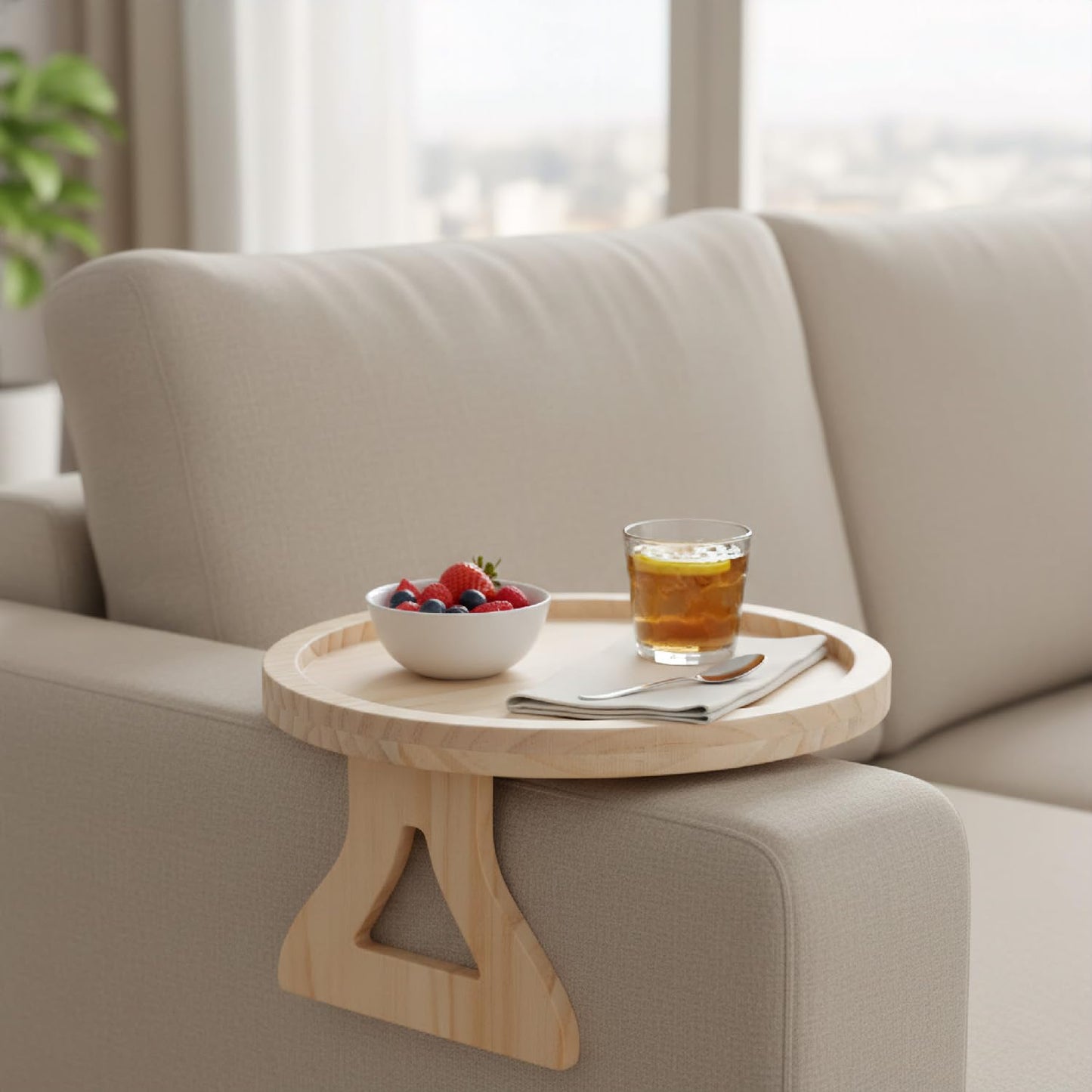 wellrun Natural Pine Wood Sofa Armrest Tray,Foldable Clip-On Side Tables for Couch,Portable Round Arm Table for Drinks Snacks Remote Books