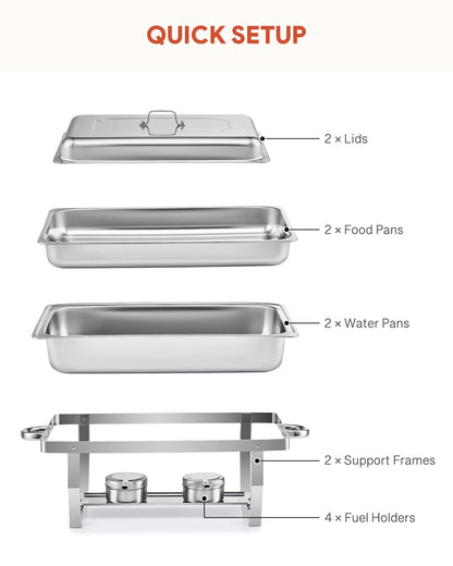 WILPREP Chafing Dish Buffet Set of 2, Rectangle Stainless Steel Food Warmer Kit with Lids Food Pans Bain Maries and Fuel Holders, 9L Buffet Serving