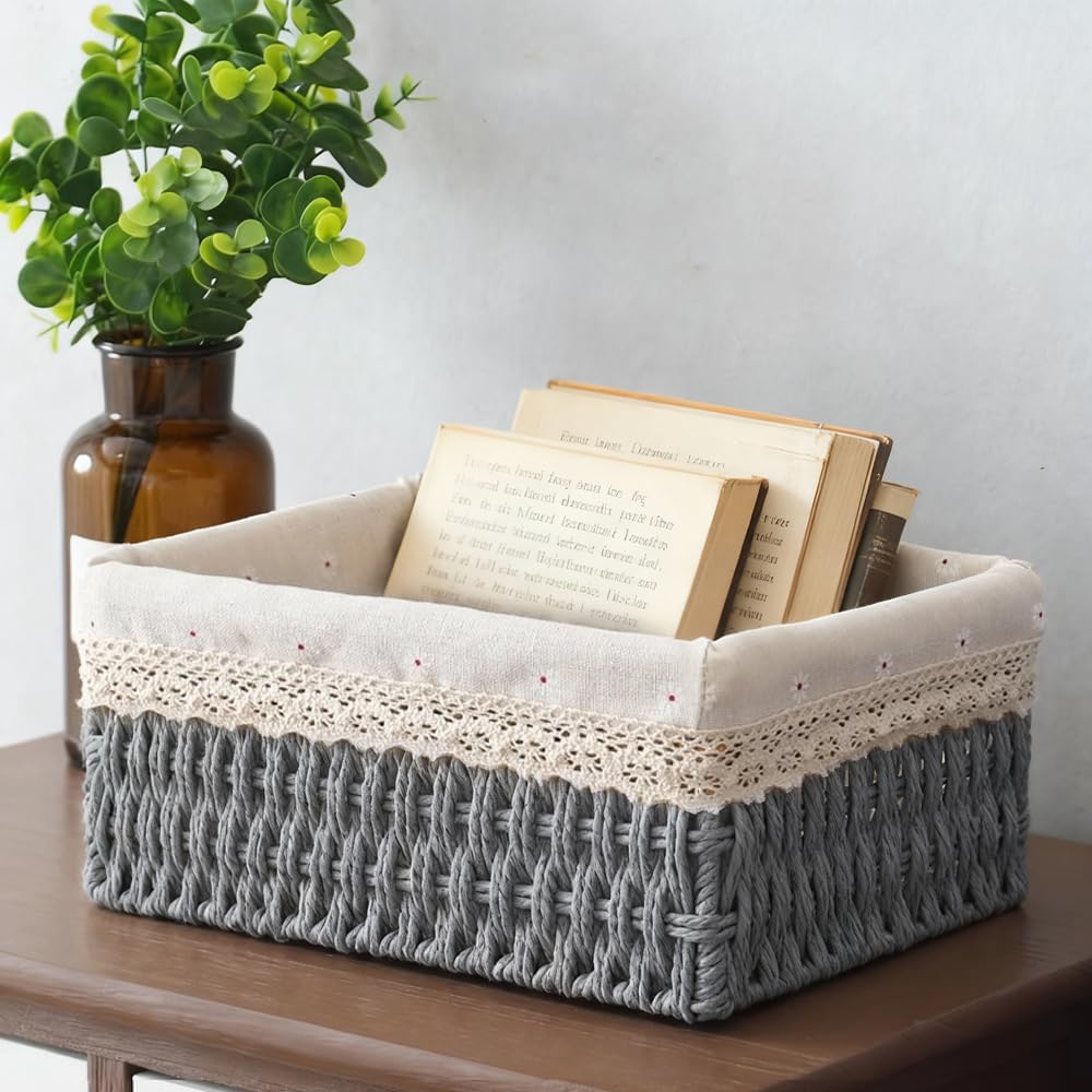 KiKiHong Set of 3 Rope Woven Storage Baskets Grey Wicker Basket