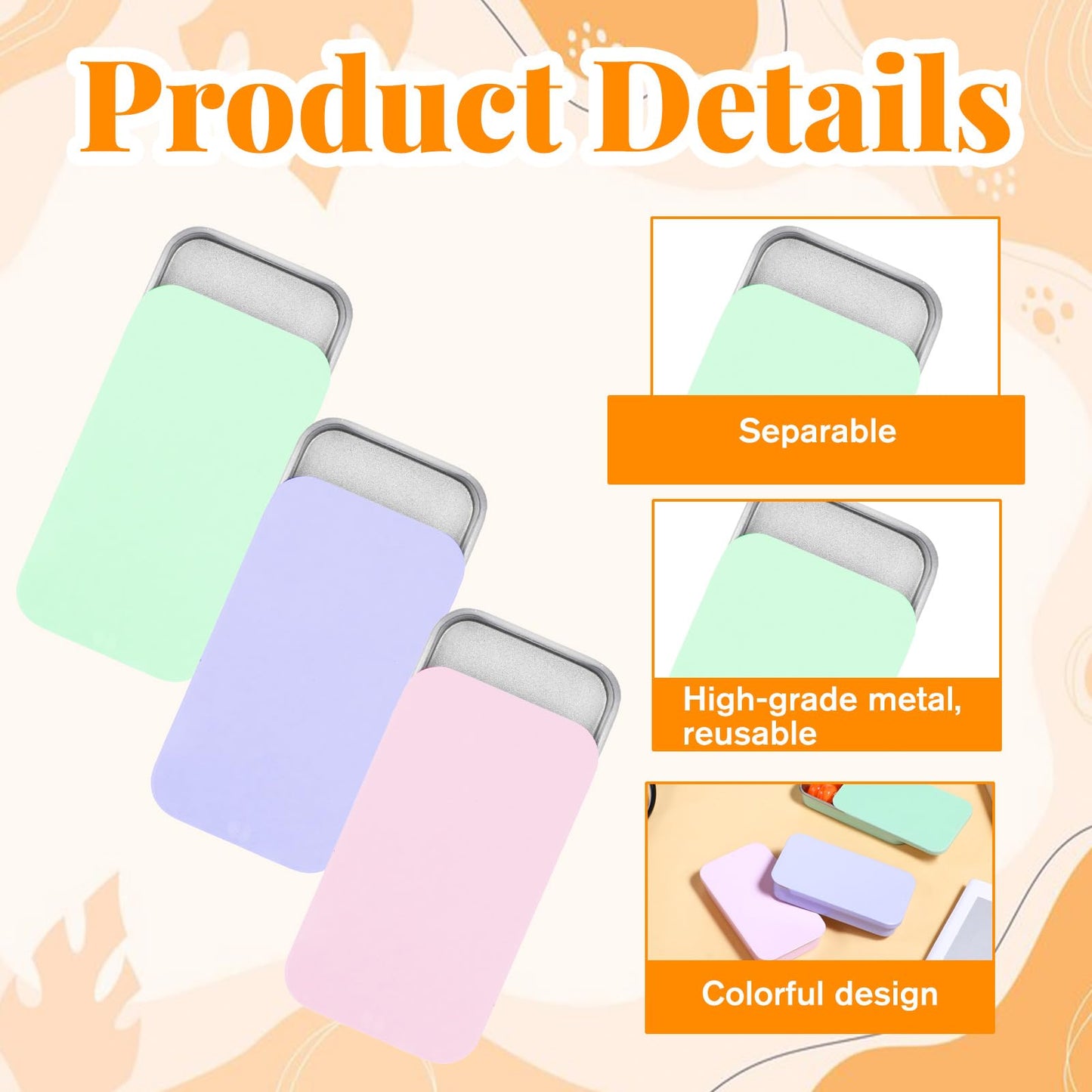 JIYIN 3 PCS Metal Tin Box Containers, Mini Rectangular Slide Top Tin Box Containers 2.36 by 1.33 by 0.4 Inch Empty Hinged Container for Candies