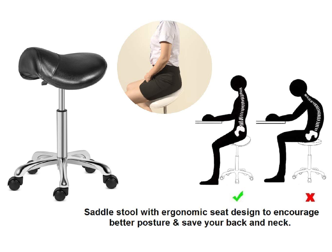 Kaleurrier Saddle Stool Rolling Swivel Height Adjustable with Wheels,Heavy Duty Anti-Fatigue Stools,Ergonomic Stool Chair for Lab Clinic Dentist