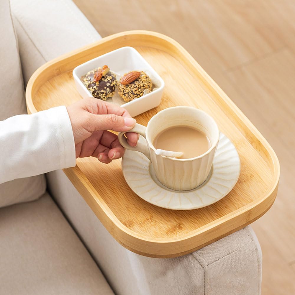 Hosoncovy Bamboo Wooden Sofa Arm Tray with Clip, Chair Coach Armrest Table Organizer (Rectangular - Yellow)