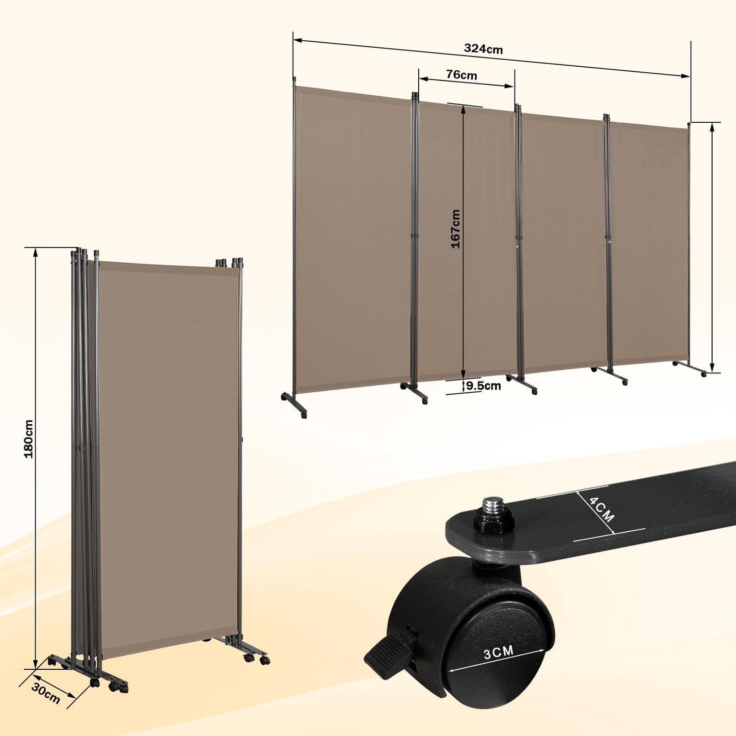 Angel Living 4 Panels Folding Room Divider, Privacy Screen Composed of Polyester Fabric and Sturdy Iron Frame