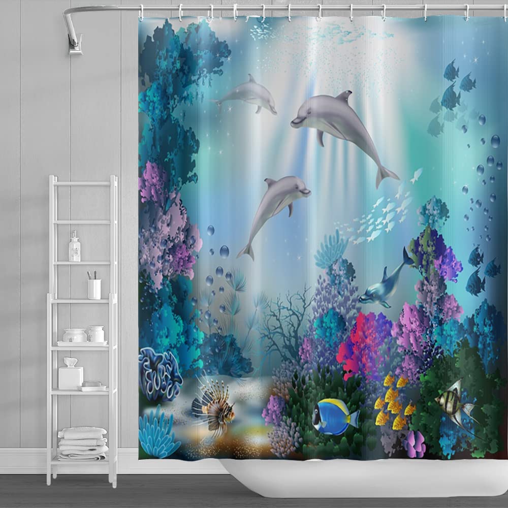 SDOTPMT 122x183cm Ocean Dolphin Shower Curtain Sunbeam Tropical Colorful Fish Bath Curtain Underwater World Marine Animals Bathtub Curtain for