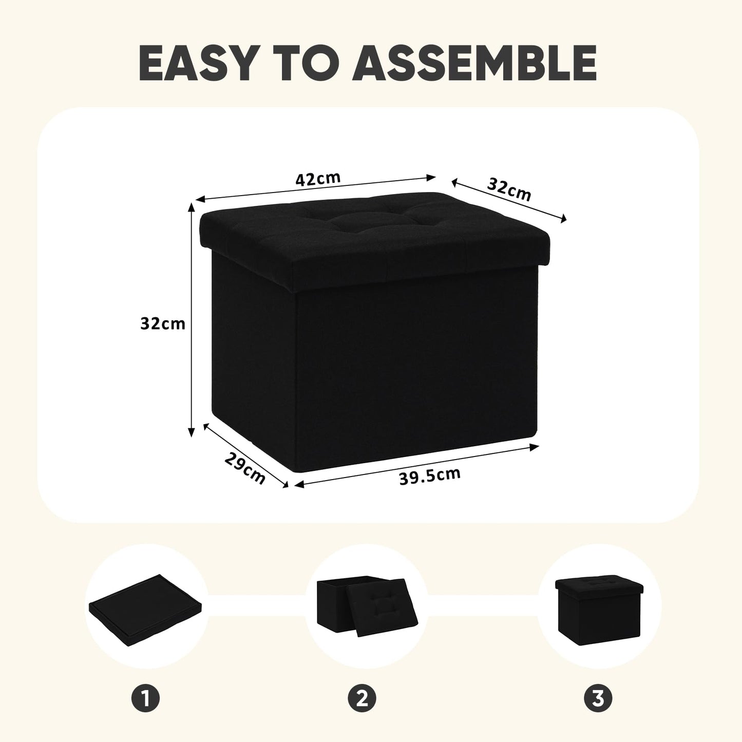 PINPLUS Linen Ottoman Storage Box with Lid, 42x32x32 cm, Black