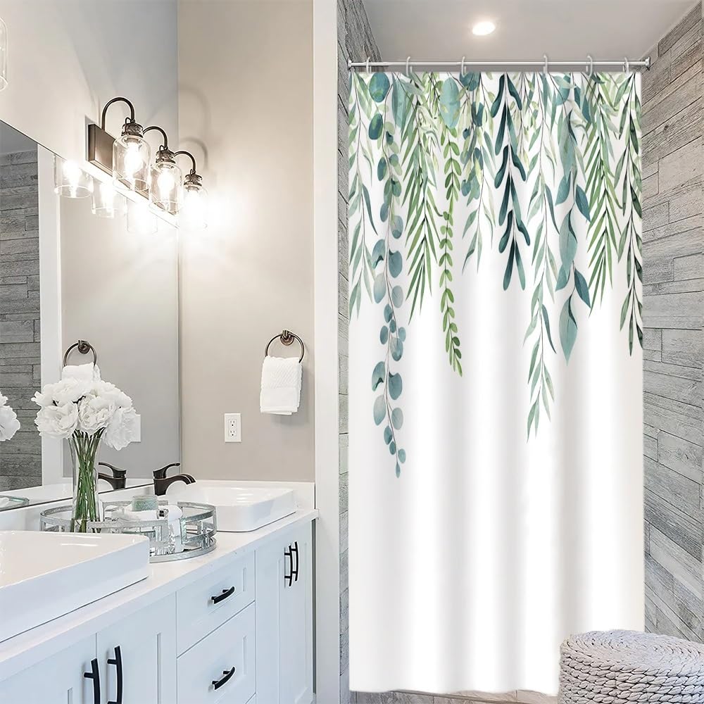 Uiiooazy Sage Green Stall Shower Curtain, Green Eucalyptus Leaves Bath Curtain Mildew and Mould Resistant Polyester Fabric Washable Opaque Shower