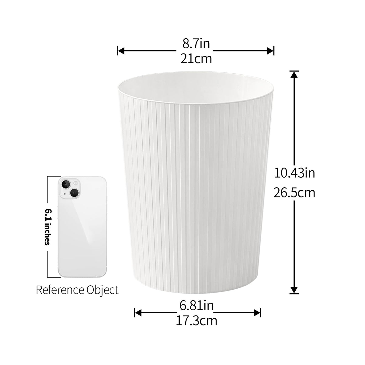 Cetomo 7.2L*6 Plastic Waste Paper Bin, Trash Can, Small Bins, Bedroom Bin, Round Waste Basket with Solid Stripe for Kitchen Rooms, Nesting, Matte