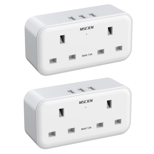 Plug Adapter with 3 USB (2 Pack), Mscien Multi Plug Extension Socket, Double Plug Adaptor with Dual 2 Pin Socket at The Bottom, 13A UK Multiplug