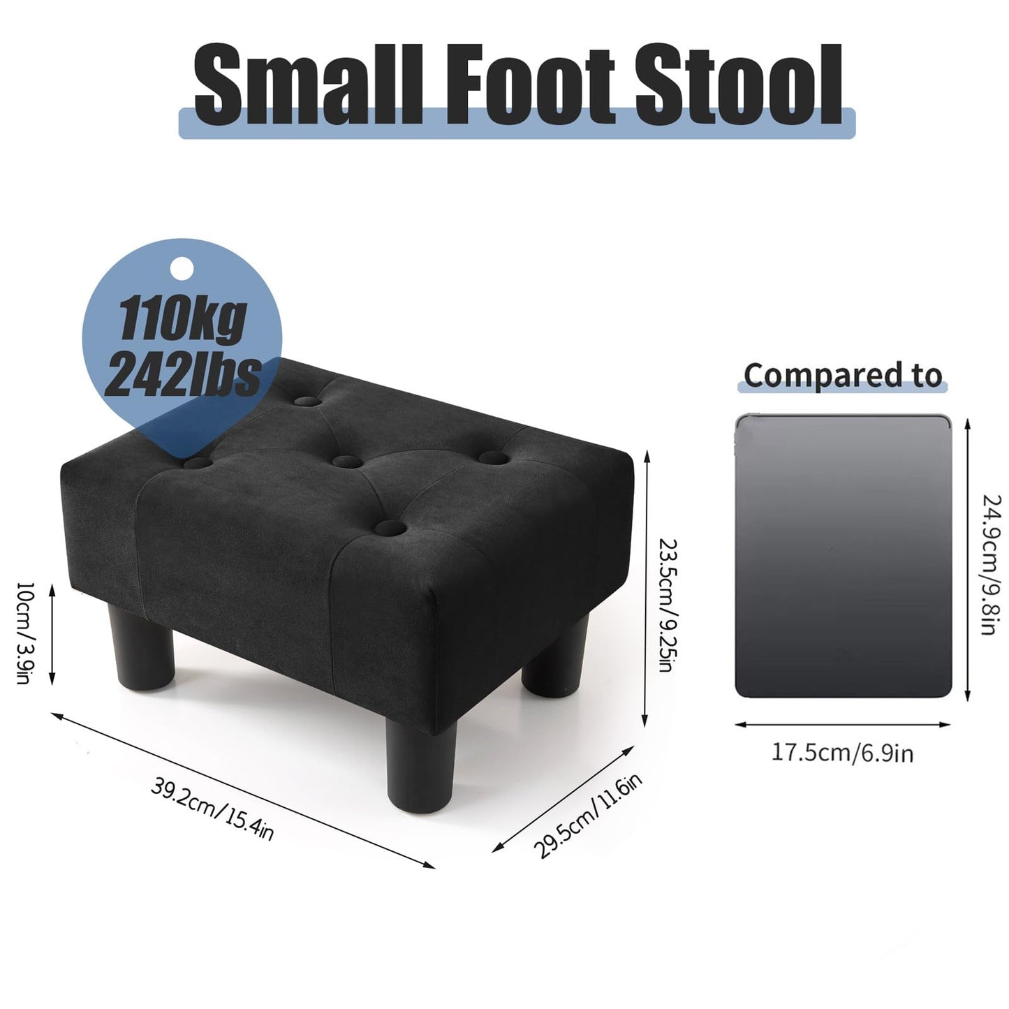BRIAN & DANY Small Foot Stool, Velvet Footstool with Legs, Footstools for Living Room, Ottoman Footrest Extra Seating for Entryway, Black