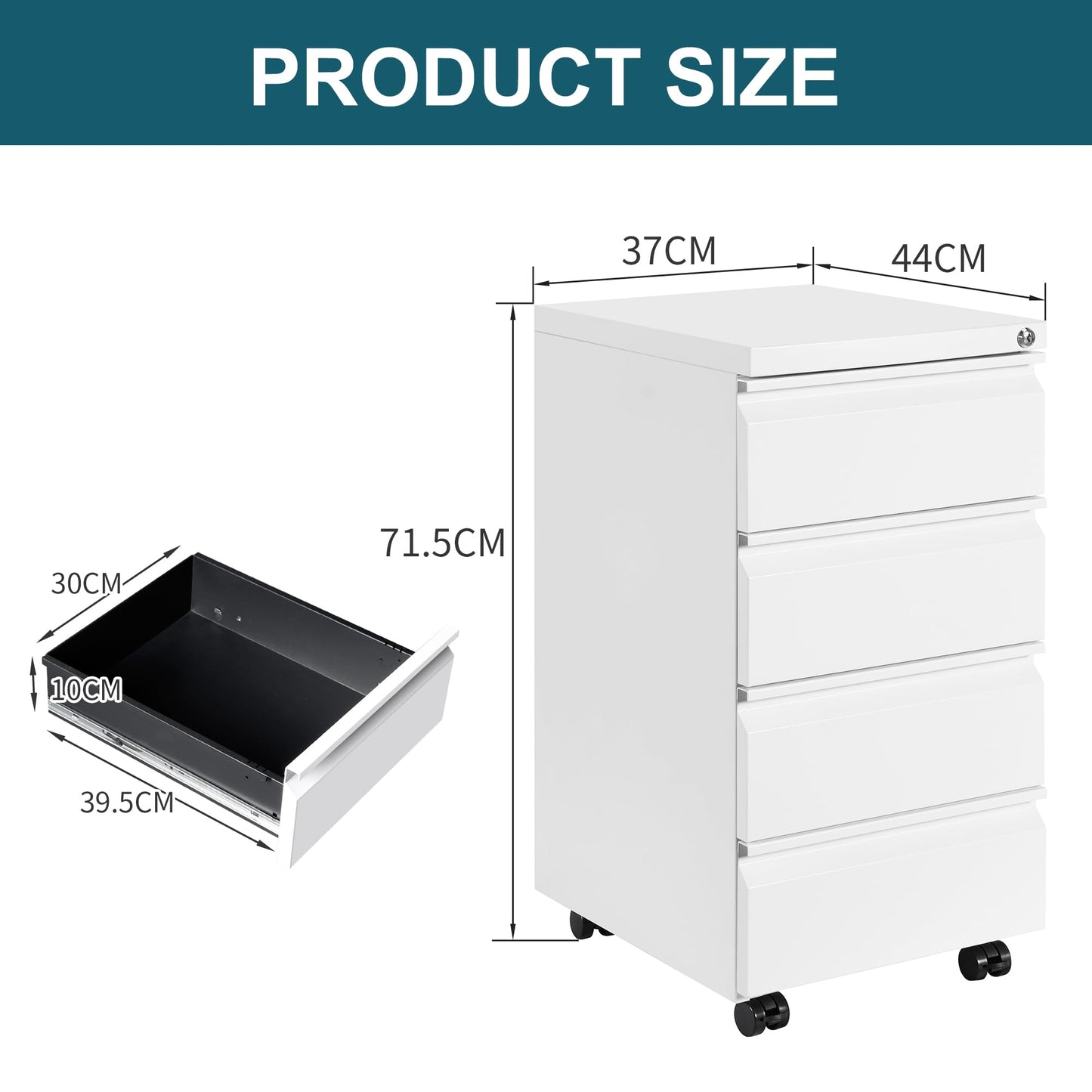 LVSTEEL Mobile Filing Cabinet, Under Desk 4-Drawer Lockable Cabinet with Wheels, Filing Cabinets for Home Office, Pre-Assembled, White