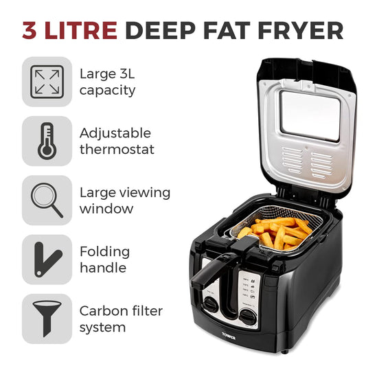Tower T17002 Deep Fat Fryer with Adjustable Thermostat, 3L, 2300W, Black