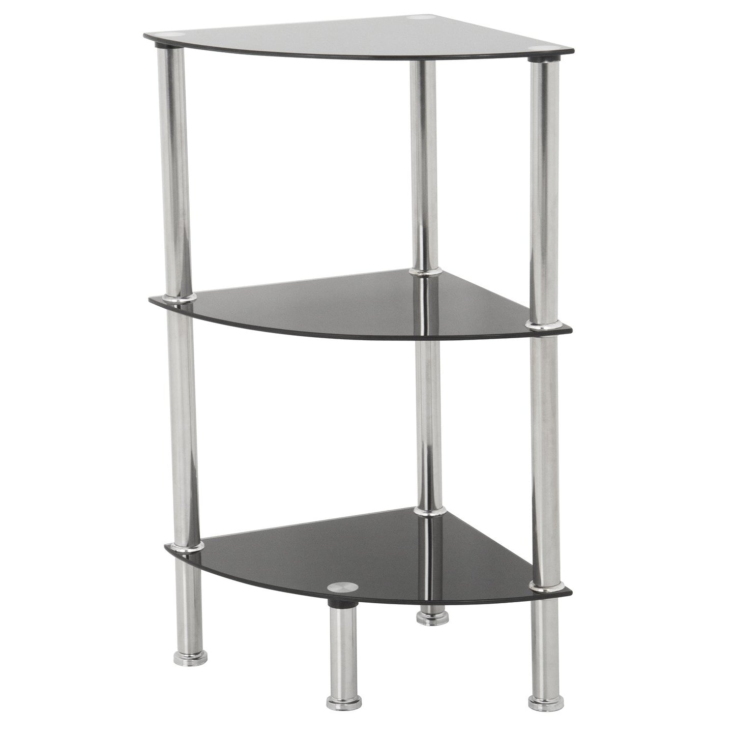 MAHARA 3 Tier Chrome Effect Black Corner Glass Shelving Unit - Tempered Safety Glass Shelves Max 5kg - Storage Unit W41cm x D30cm x H61.5cm