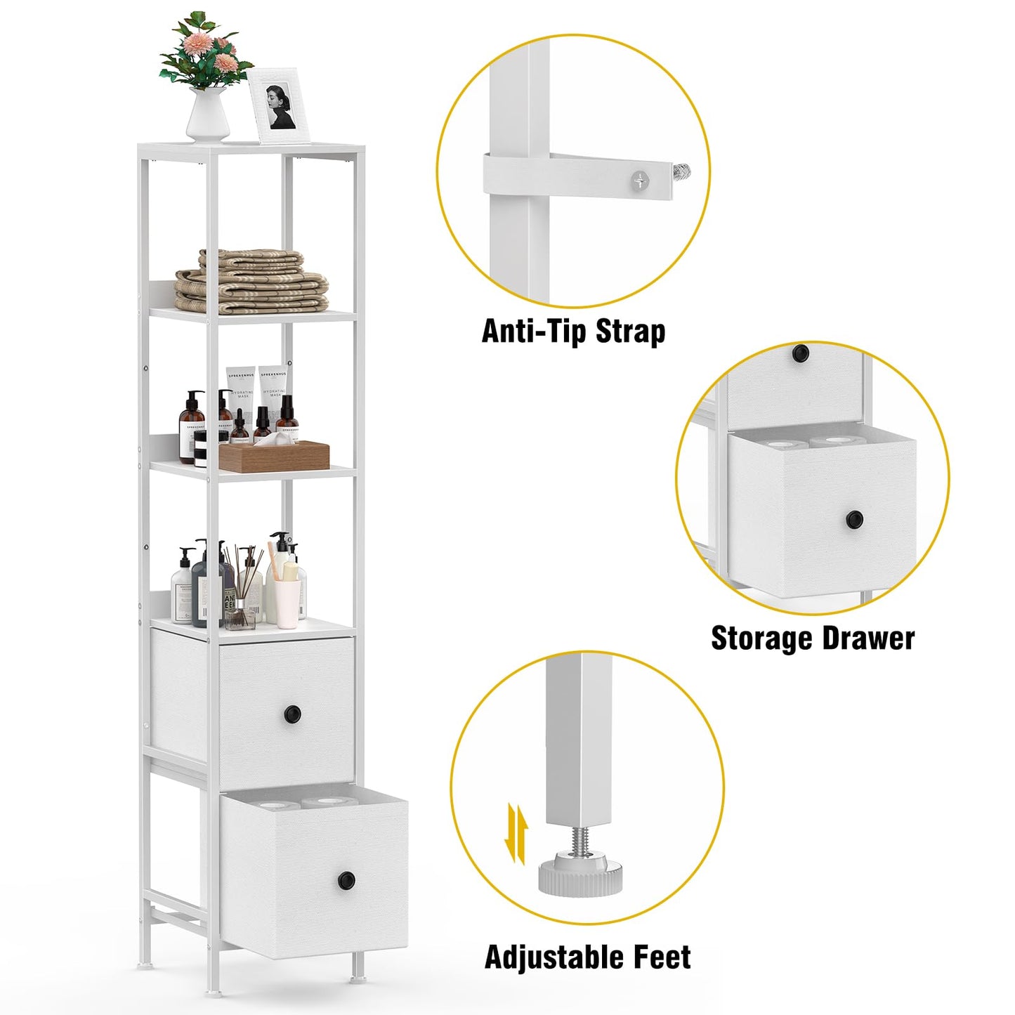 CADUKE Tall Bathroom Cabinet, Slim Storage Unit with 3 Open Wooden Shelves and 2 Fabric Drawers