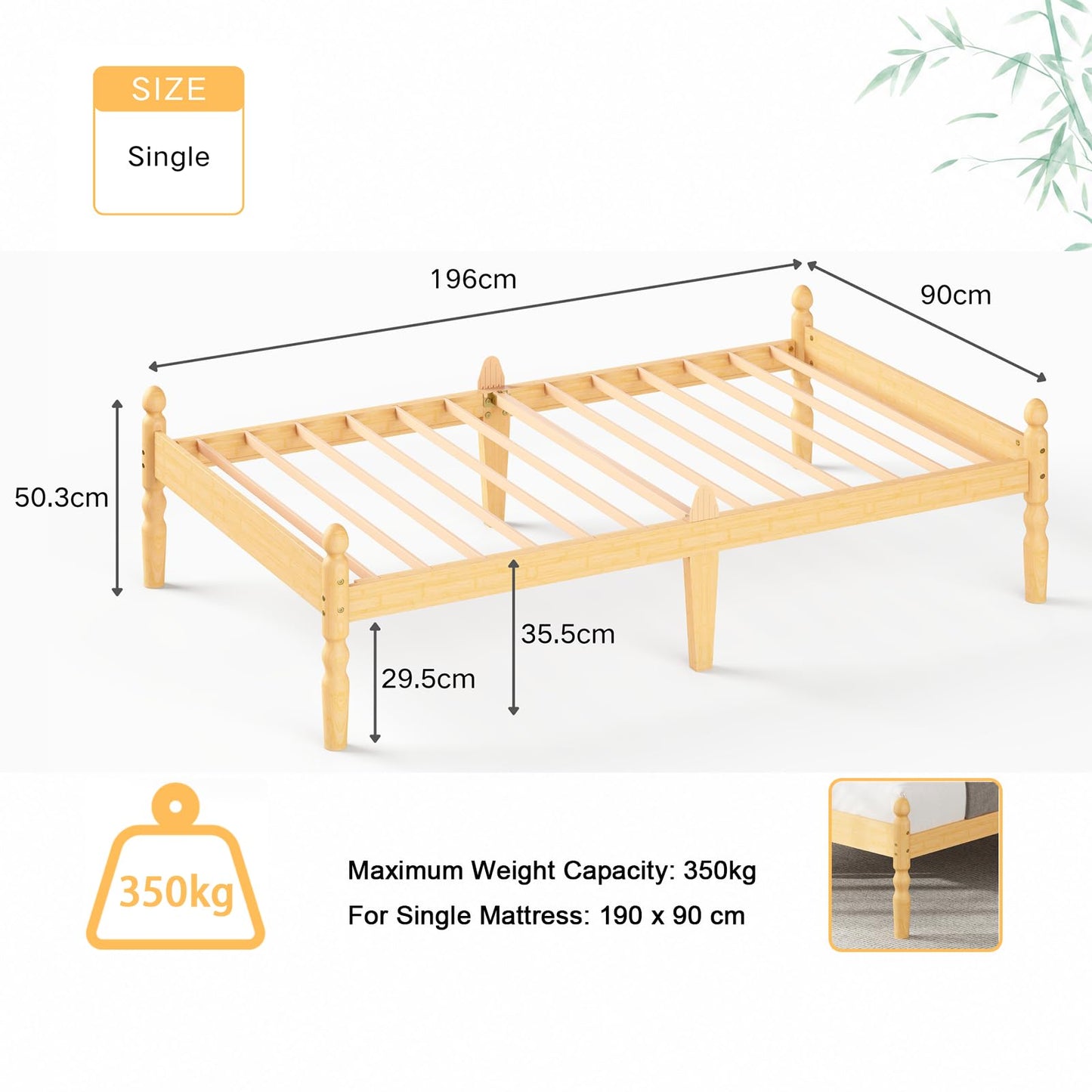 APEXTELLA HOME Single Bed Frame 14-inch Natural Bamboo Wood Platform Bed with Metal Slats Support and Mattress Slide Stopper, Underbed Storage Space