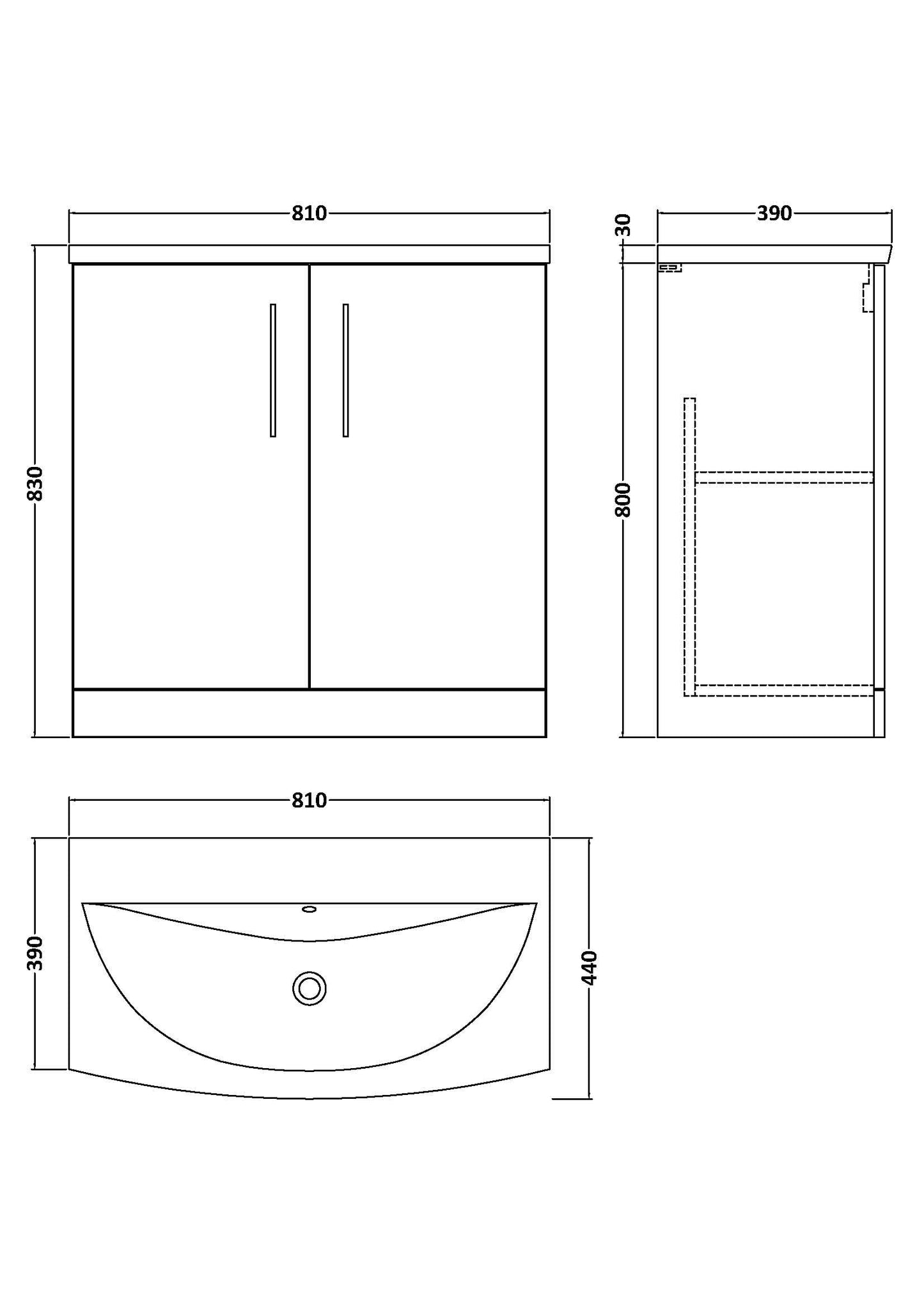 nuie ARN2505G Arno Modern Bathroom Floor Standing 2 Door Vanity Unit with Curved Ceramic Basin, 800mm, Woodgrain Solace Oak