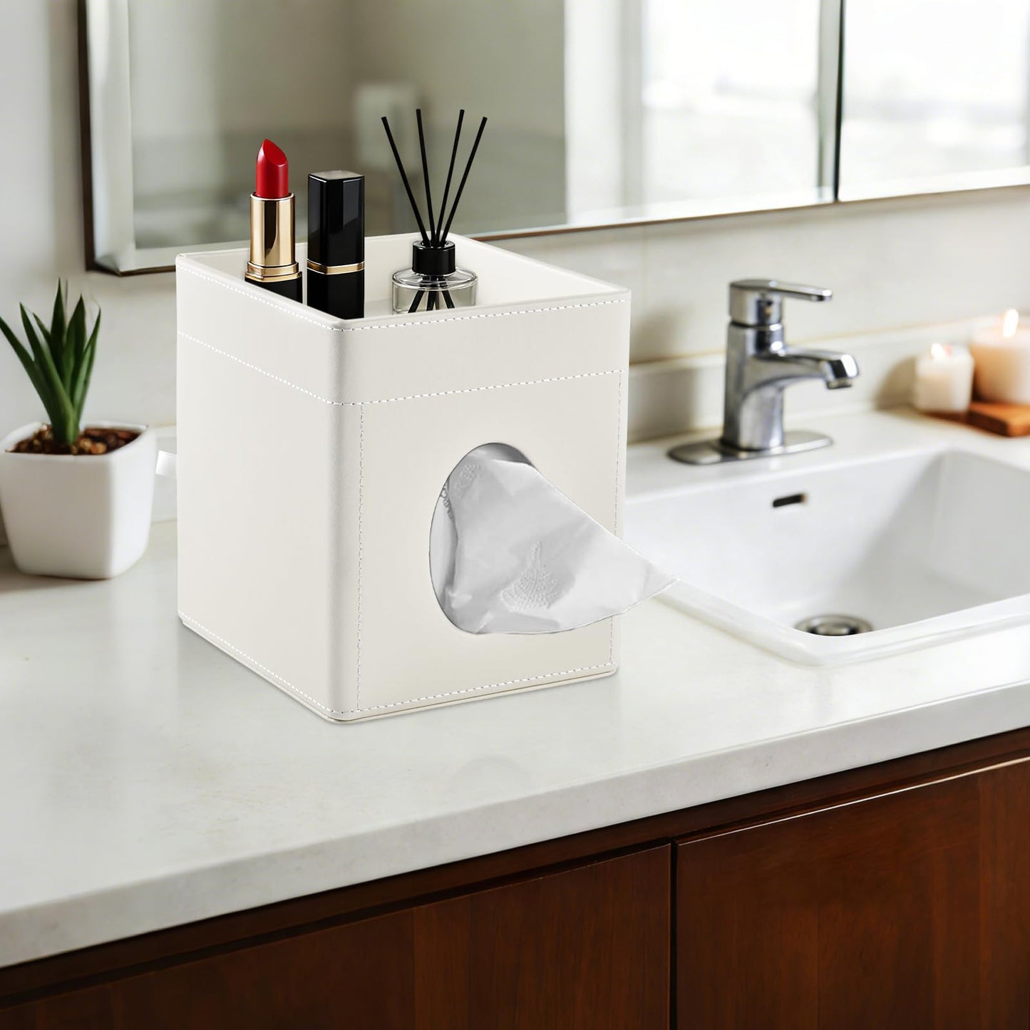 XNONE Tissue Box Cover,PU Leather Square Tissue Box Holder with Storage Tray for Bathroom Vanity Countertop Night Stands Bedroom Office Desk,Stylish