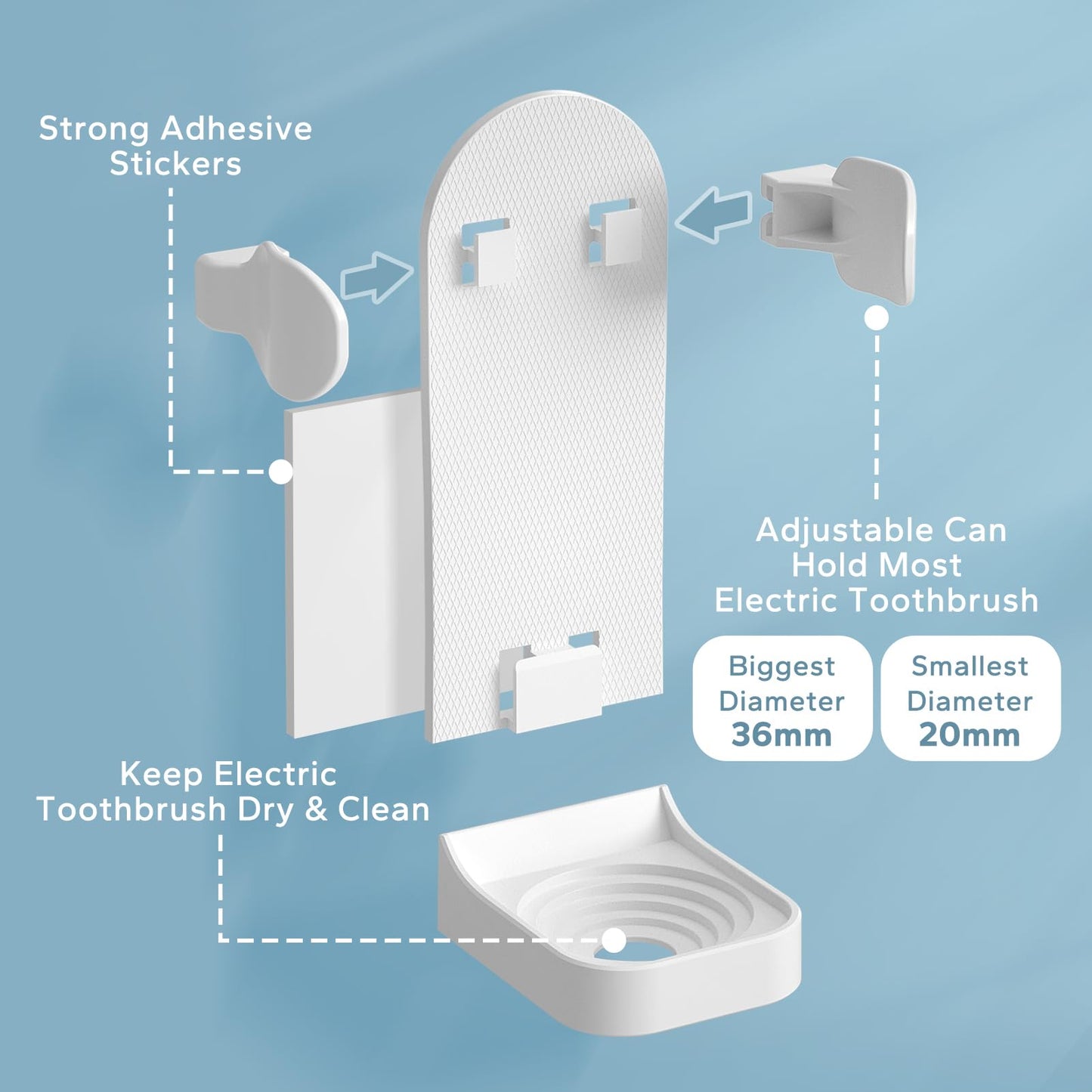 HOMMAND Electric Toothbrush Holder 2 Packs, Upgraded Strong Adhesive Electric Toothbrush Holder Wall Mounted