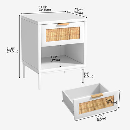 Skokliz Bedside Tables Set of 2, Rattan Bed Side Table for Bedroom with Drawer & Open Shelf, Wood Nightstand, White Bedside Cabinets for Living Room