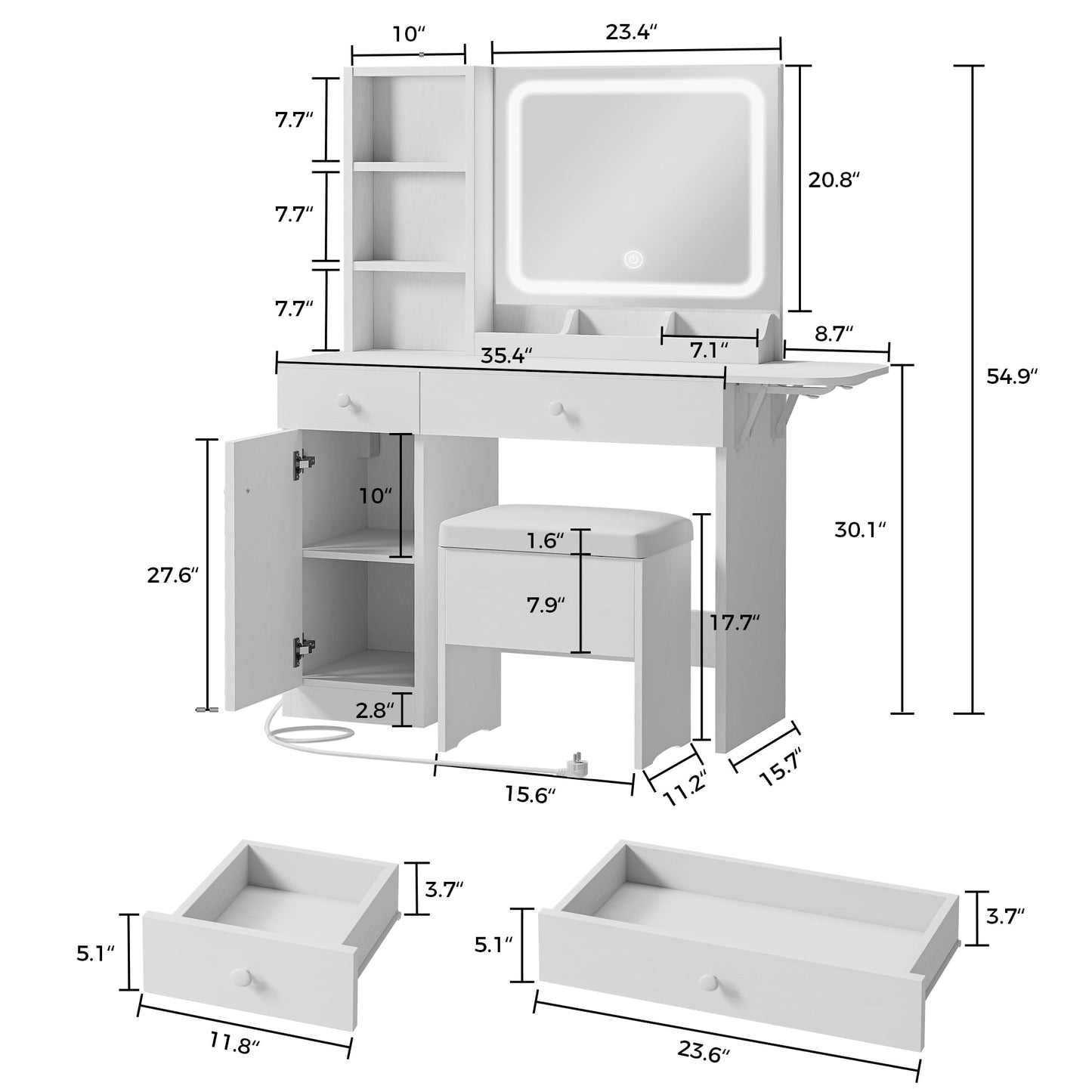 IRONCK Vanity Desk Set with LED Mirror & Stool, Charging Station, White