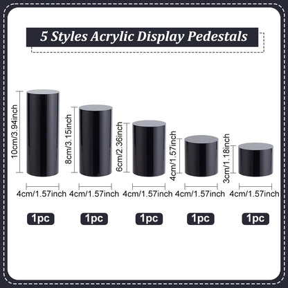 BENECREAT 5pcs Black Acrylic Display Block - 3/4/6/8/10cm Round Cylinder Solid Pedestal Stand for Jewelry, Gem, Pop Figures & Cosmetic Showing