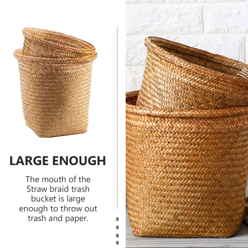 SEWACC 2Pcs Braided Straw Waste Paper Baskets 11.4 Inch Multifunctional Storage Bins for Bedroom Bathroom Office Lightweight Rattan Trash can