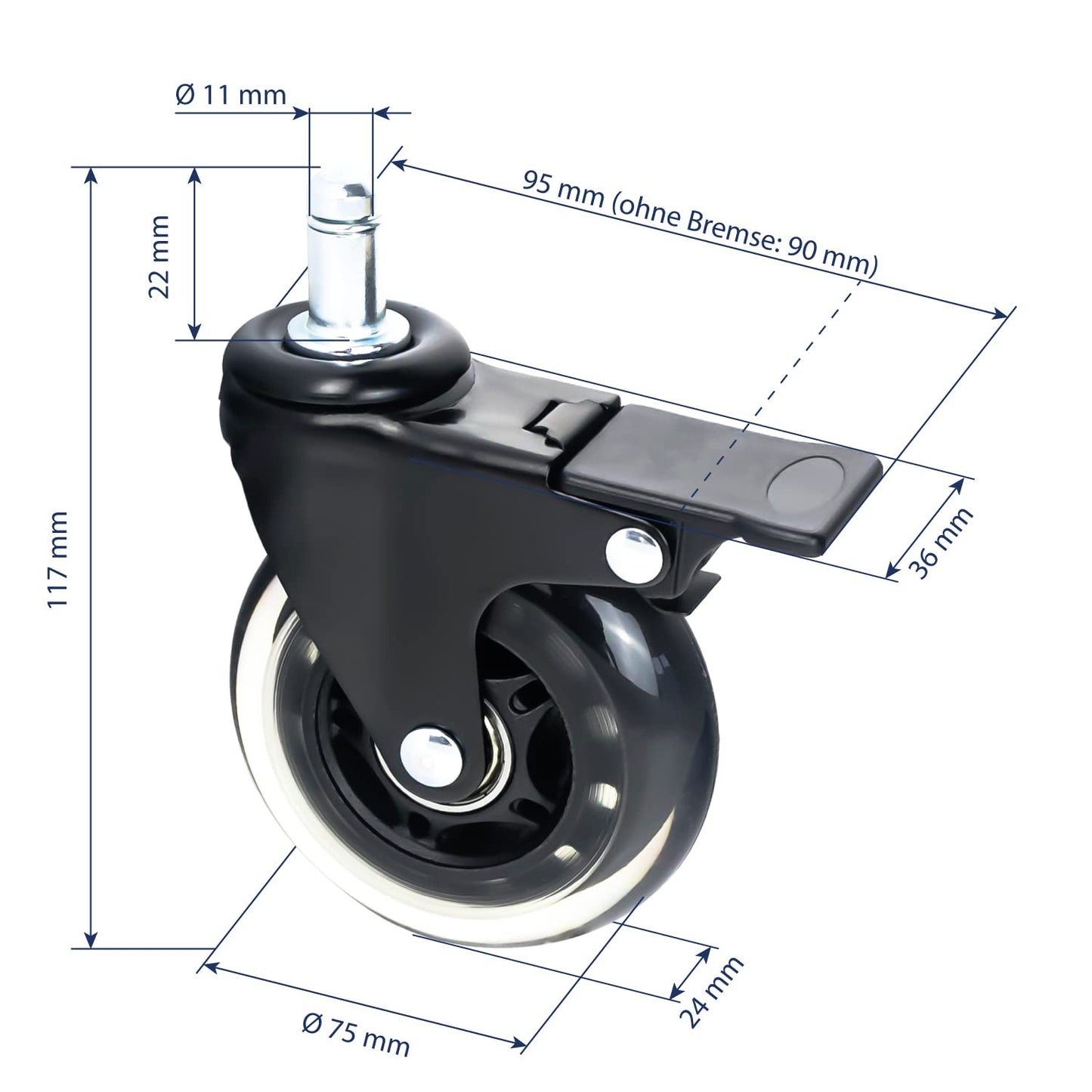 HMF 5-Pack Hard Floor Swivel Castors with Brake | 11 mm, Polyurethane, 75 mm, Black