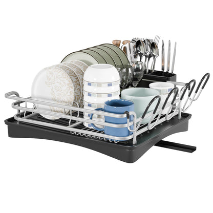 BRIAN & DANY Aluminum Dish Drying Rack, Dish Drainer with Removable Cutlery Holder & Cup Holder, Unique 360 Swivel Spout Drain Board, Silver, 41.9x