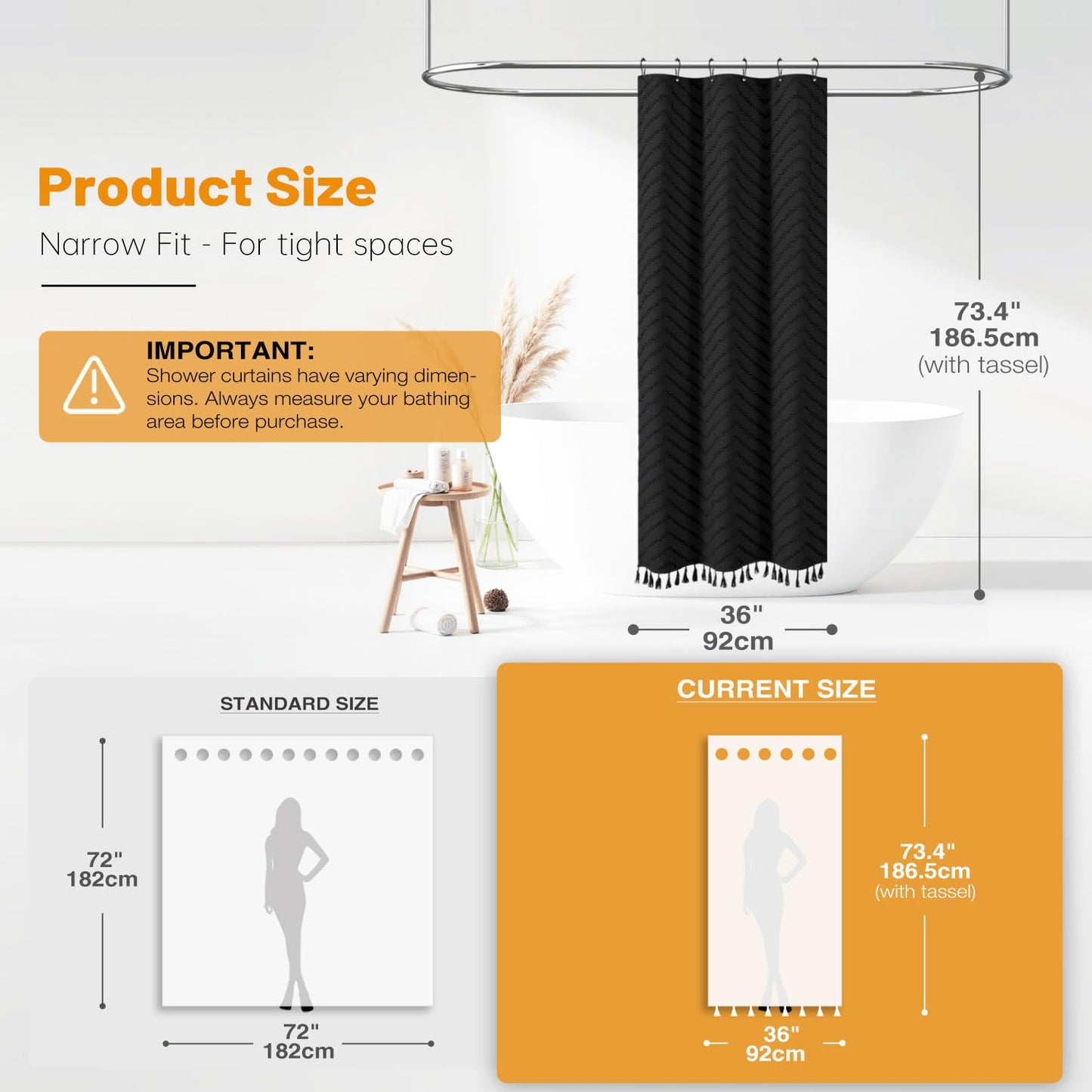 BTTN Narrow Boho Tufted Chevron Shower Curtain, Waterproof, 92x186cm, Black