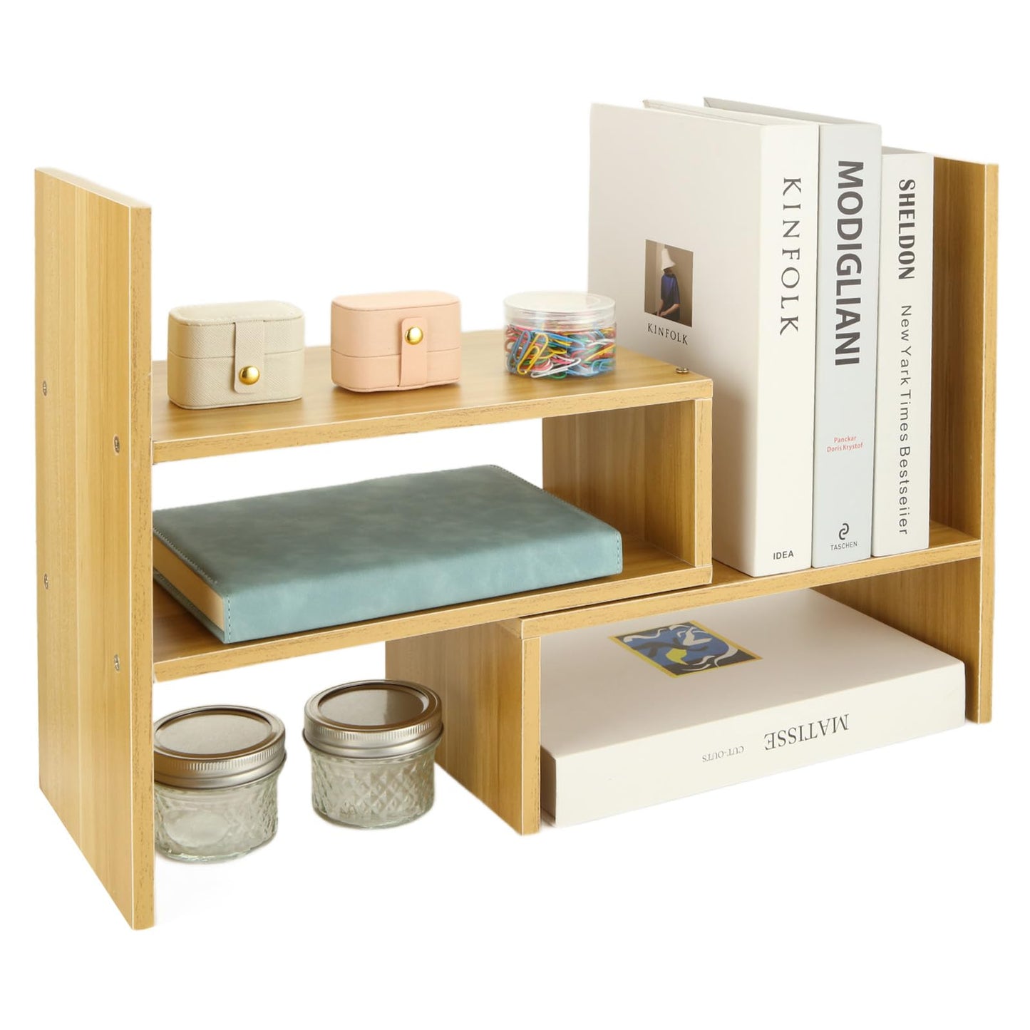 DAJAVE Desktop Bookshelf Organiser Wooden Desktop Storage Shelf Adjustable Desktops Shelf Expandable Desk Bookcase Desk Shelves Unit Desktops Display