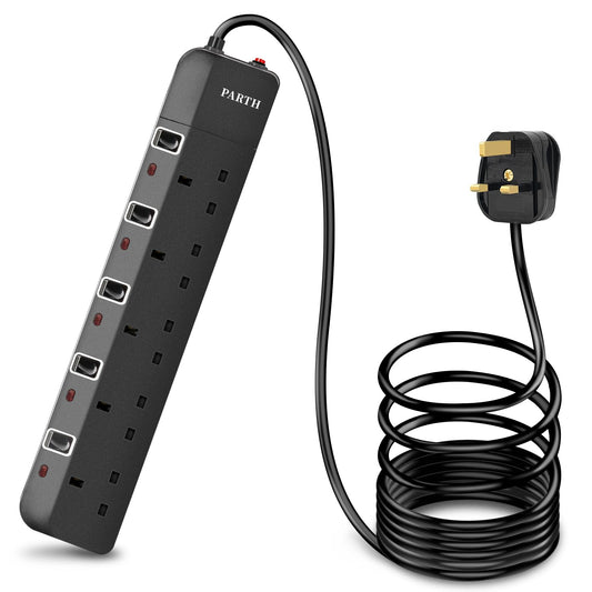 PARTH 2M Black Extension Lead Surge Protection - 5 Gang Multi UK Plug Extension Socket with Switches - 2 Metre Long Heavy Duty Cord Extension Cable-