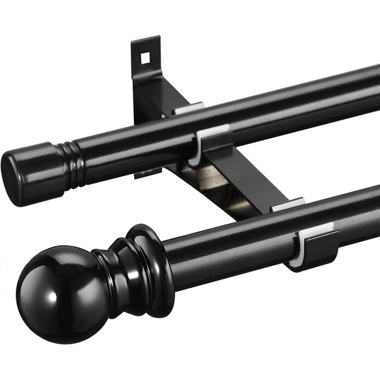 Harrms Double Curtain Pole for Eyelet Curtains - Black, Extendable Metal Rod 76-368cm - Room Darkening for Blackout and Voile Curtains