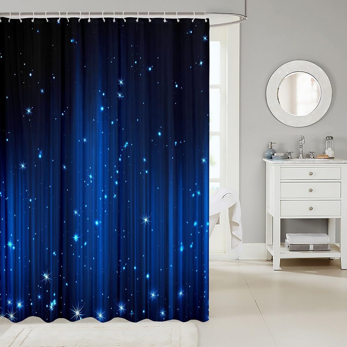 Homewish Abstract Ombre Shower Curtain Set Black and Blue Bathroom Curtains 72" Wx72 L,Glitter Striped Fabric Shower Curtains for Kids Boys Girls