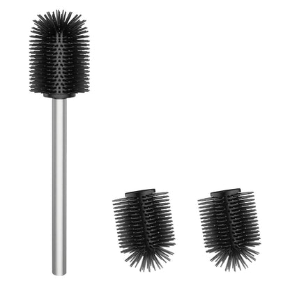 WAVEWO Silicone Toilet Brush with 2 Brush Heads, 7 cm Diameter Toilet Brush Made of 304 Stainless Steel for Bathroom Cleaning Silver