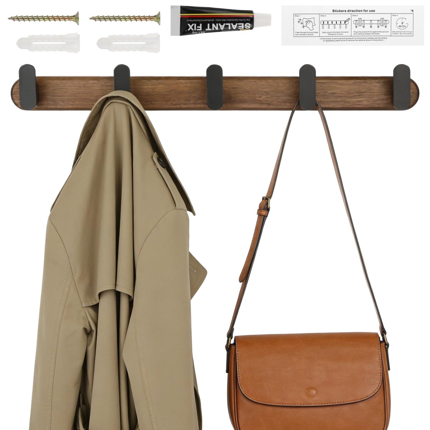 Varku Coat Hooks Wall Mounted, Walnut Wood Coat Hooks, Coat Rack Wall Mounted with 5 Hooks, No-Drill Installation