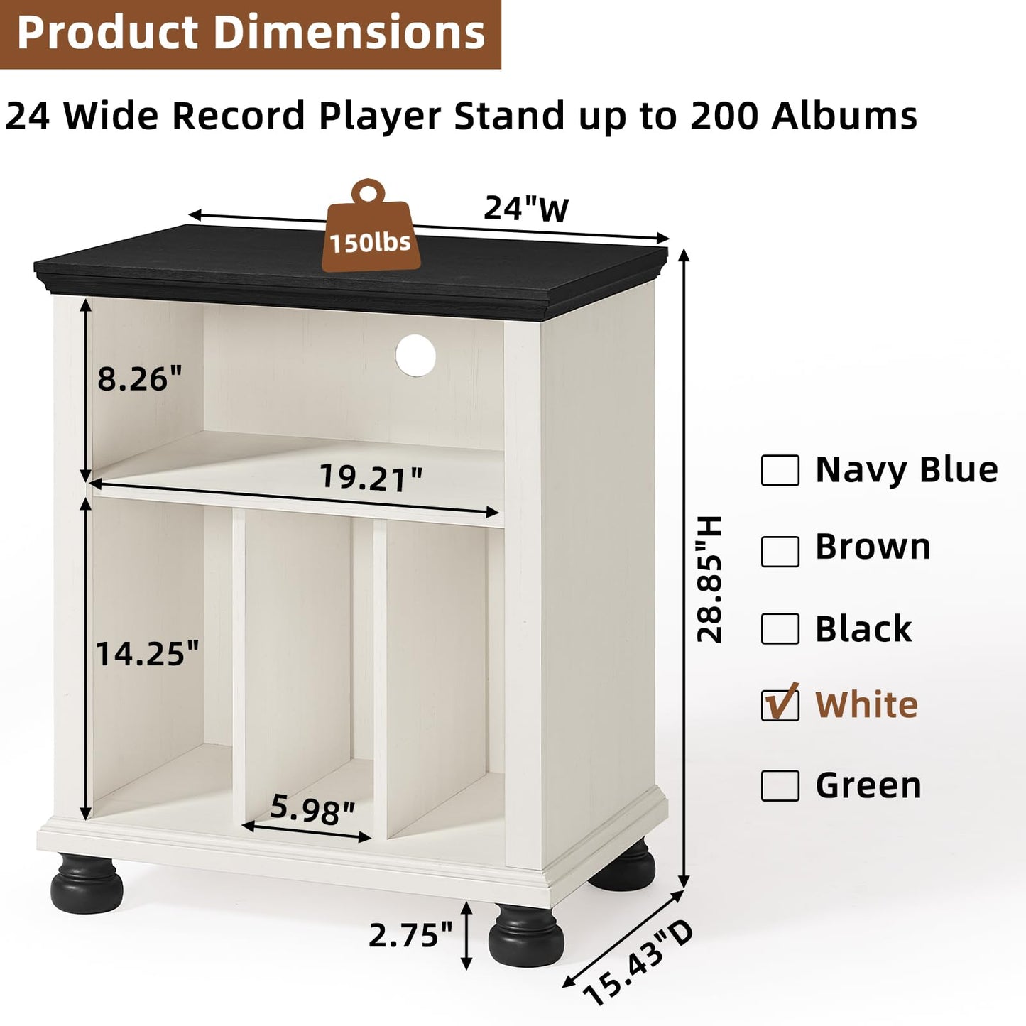 LELELINKY Large Record Player Stand with Vinyl Record Storage, 24" Wide Wood Turntable Stand, Mid-Century Record Player Table Up to 200 Albums