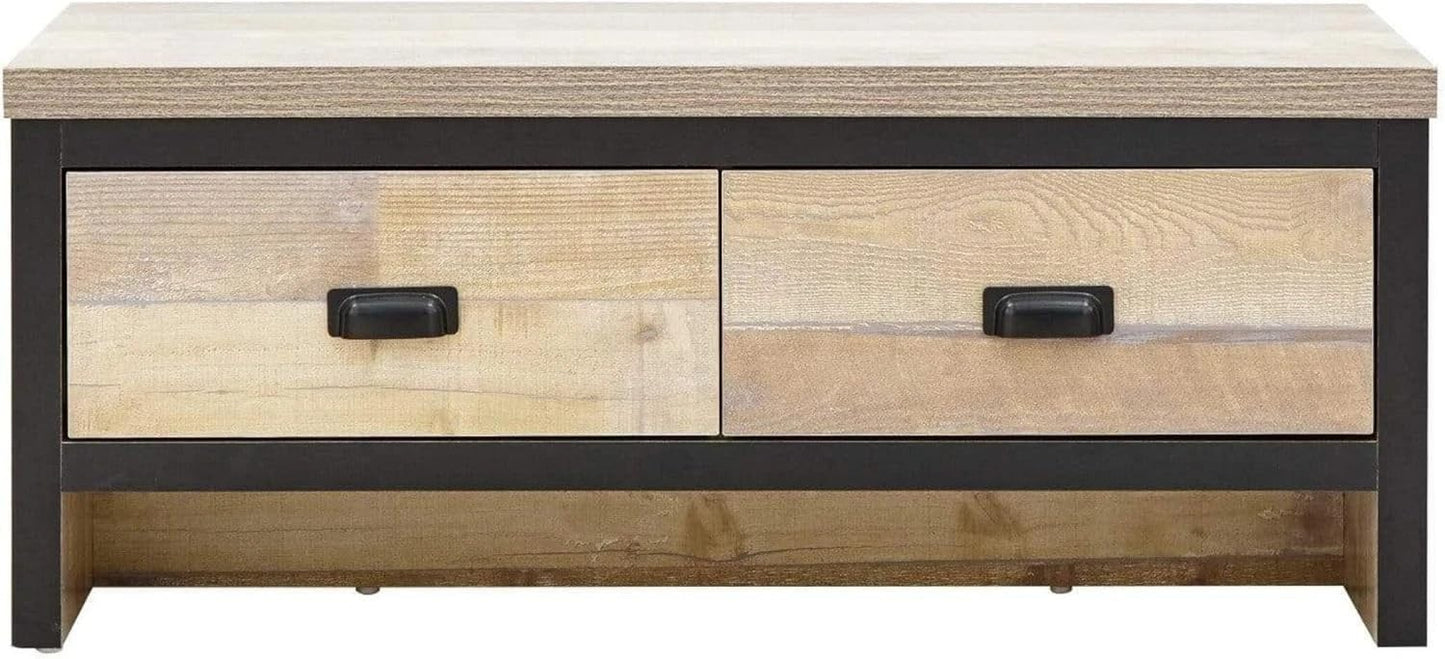 GFW Boston Coffee Table with 2 Drawers, Industrial Living Room Table with Oak Effect Finish, Contrasting Frame and 30mm Top Panel