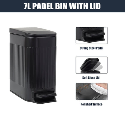FAMM TASTIC Set of 7L Narrow Metal Pedal Toilet Bin Black Bathroom Bin/Office Bin/Bedroom Bin Small Bin with Lid and Silicone Toilet Brush and Holder