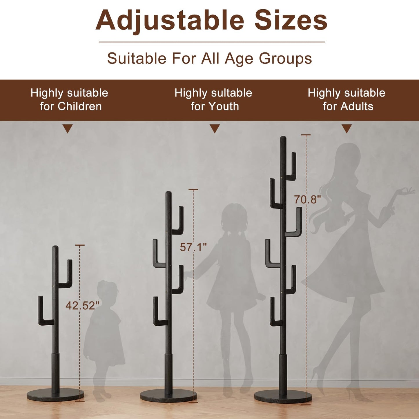 AQIMUELE Coat Stand, Woodem Coat Rack Stand - Cactus Design with 6 Hooks, Sturdy and Easy Assembly for Hallway Entryway, Hat Stand for Clothes (Black)